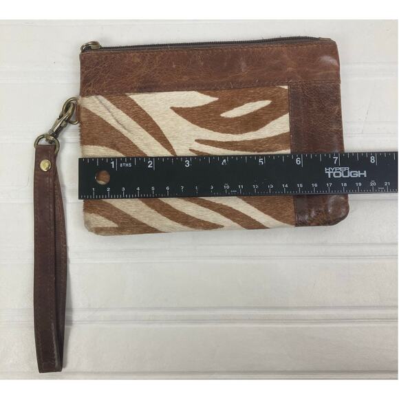 Cowhide Leather Wristlet Brown Cream Zebra Style Animal Print Earthy Boho Retro - Picture 8 of 9